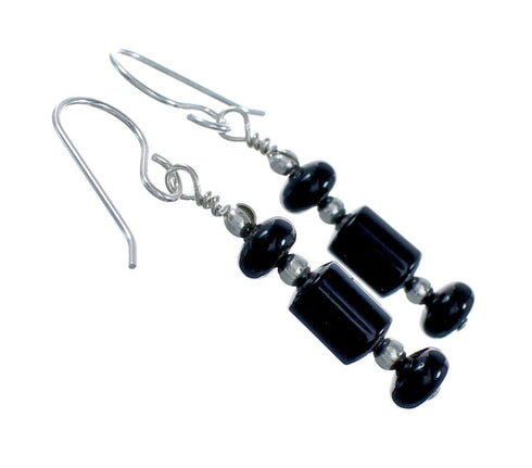 Native American Onyx Sterling Silver Bead Hook Dangle Earrings JX131120